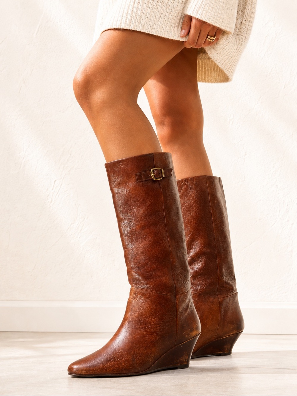 Steve Madden Intyce Cognac Brown Wedge Knee High Boots Size 8.5
